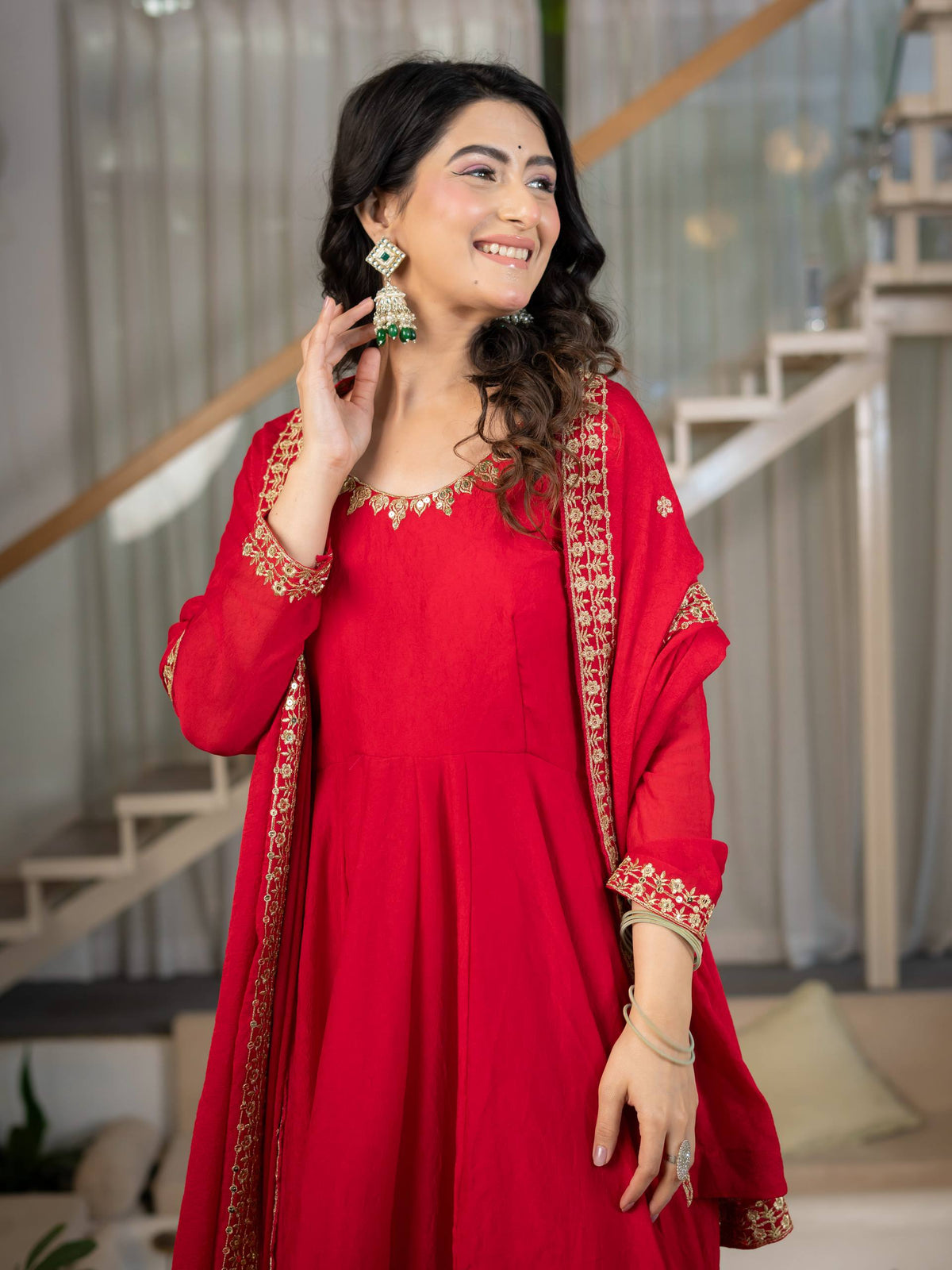 Red Anarkali Gown with Golden Embroidered Border & Matching Dupatta