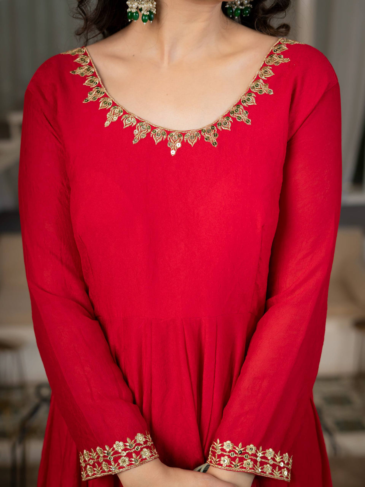 Red Anarkali Gown with Golden Embroidered Border & Matching Dupatta