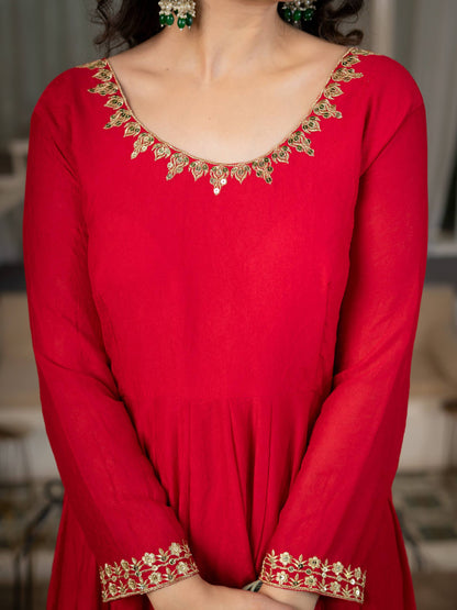 Red Anarkali Gown with Golden Embroidered Border & Matching Dupatta