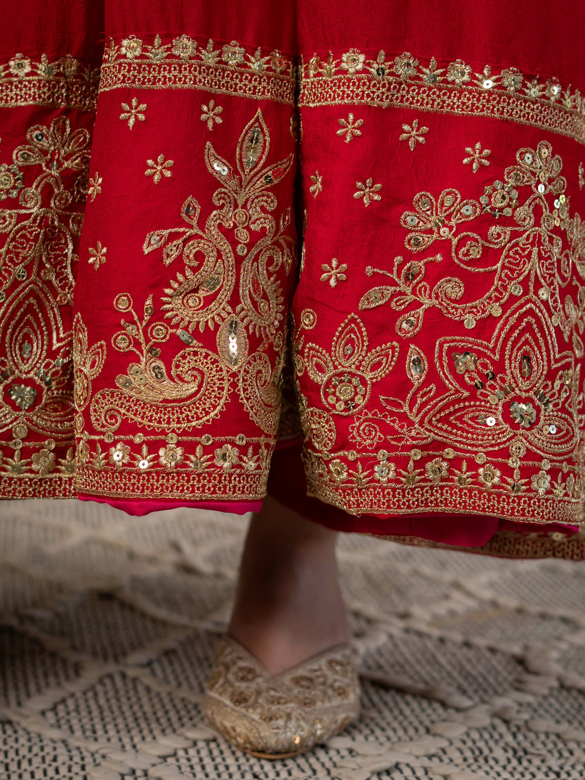 Red Anarkali Gown with Golden Embroidered Border & Matching Dupatta