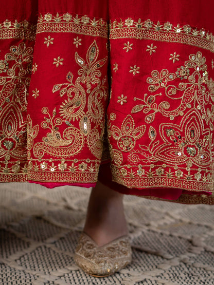 Red Anarkali Gown with Golden Embroidered Border & Matching Dupatta