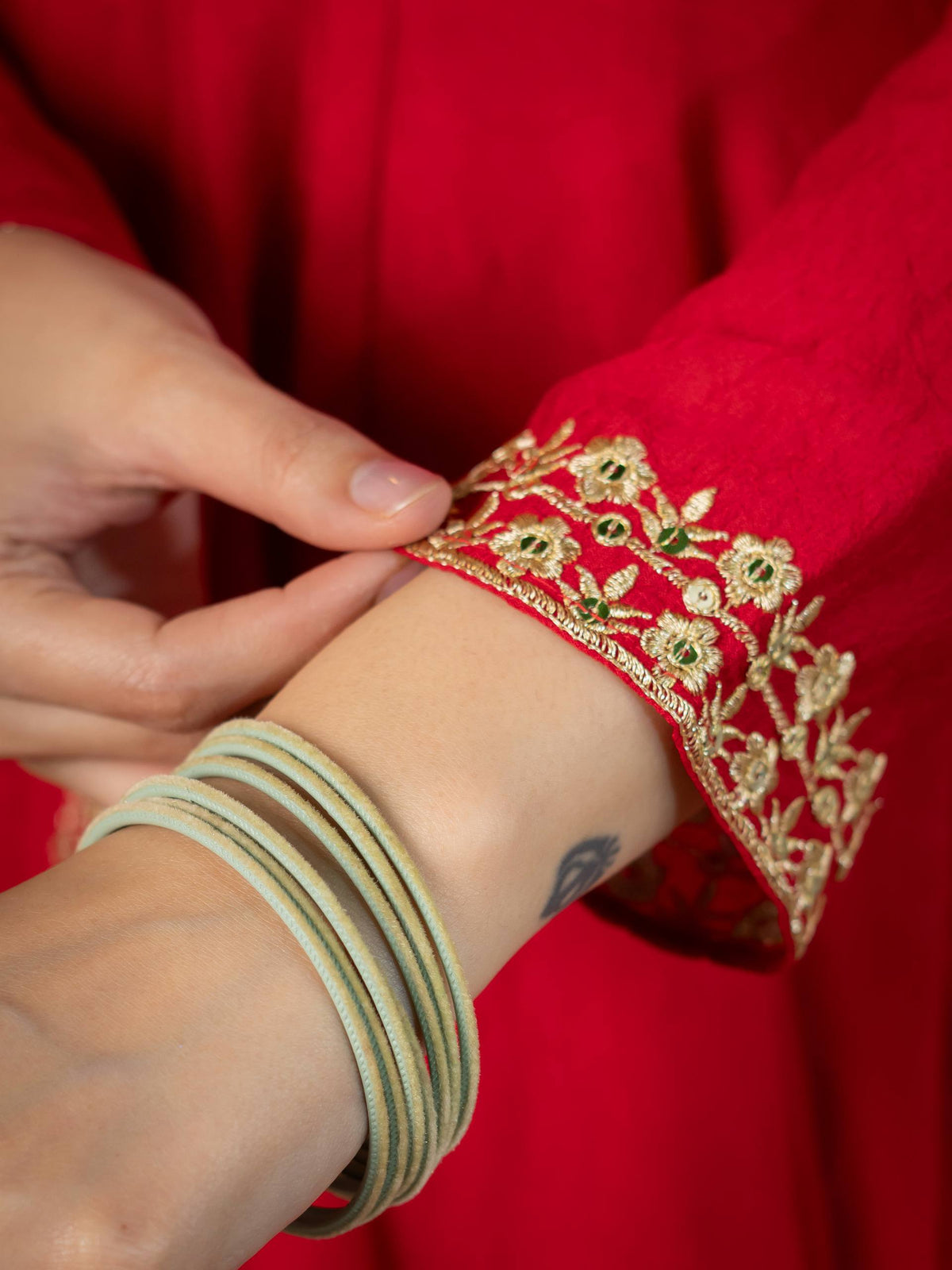 Red Anarkali Gown with Golden Embroidered Border & Matching Dupatta