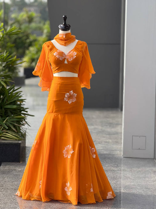 Orange Georgette Fish Cut Lehenga Set with Floral Handpaint Work & Ruffle Sleeve Blouse