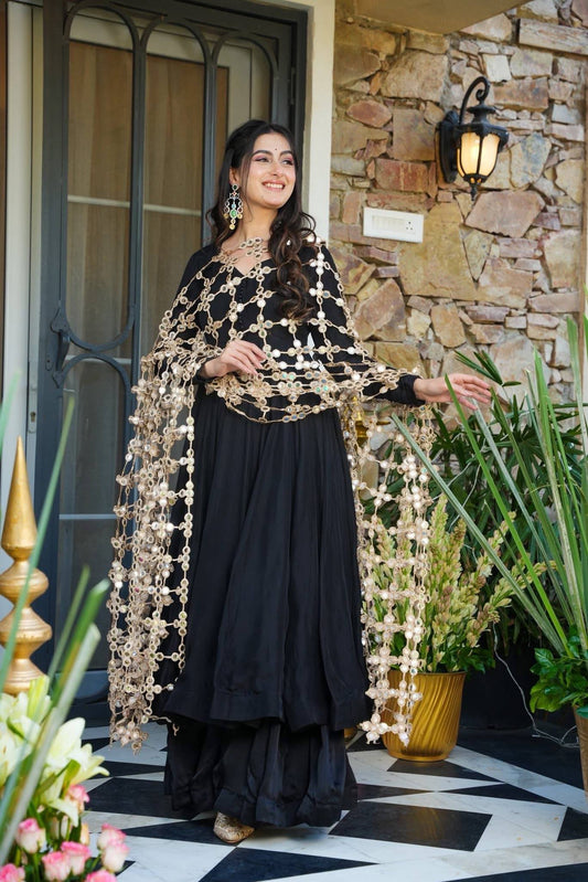 Black silk Anarkali Gown with Heavy Mirror Work Dupatta