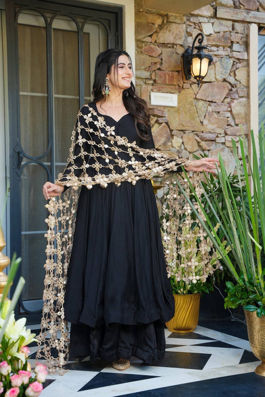 Black silk Anarkali Gown with Heavy Mirror Work Dupatta