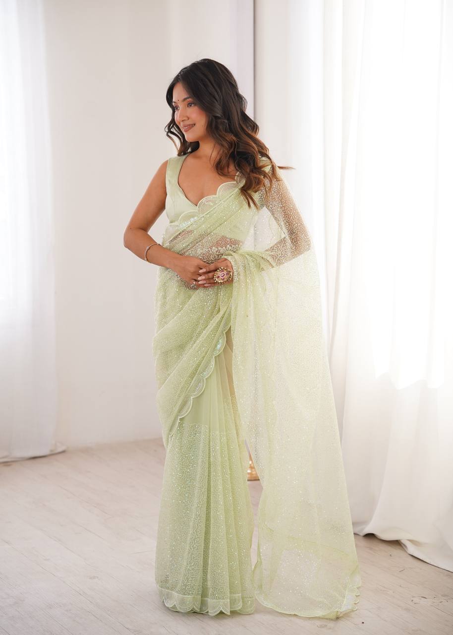 Champagne Beige Shimmer Saree with Scalloped Embroidered Border & Matching Blouse