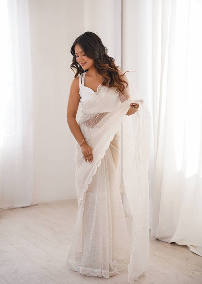 Champagne Beige Shimmer Saree with Scalloped Embroidered Border & Matching Blouse