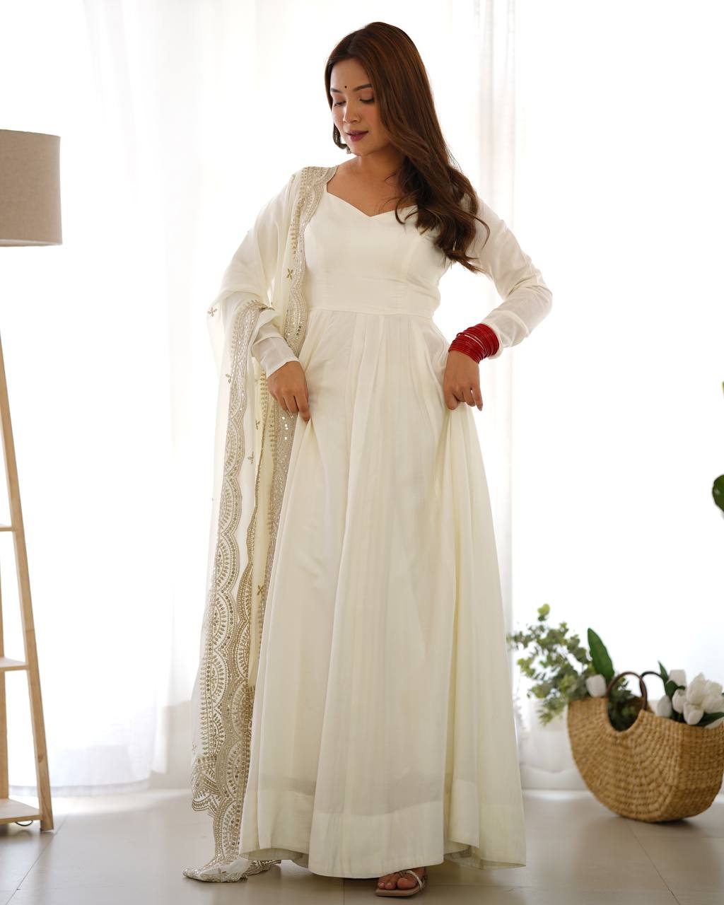 Plain Off white Anarkali with embroidered dupatta