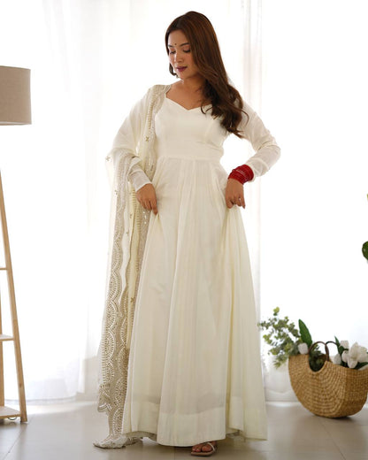 Plain Off white Anarkali with embroidered dupatta