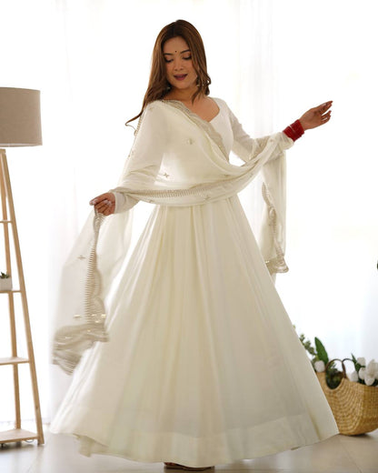 Plain Off white Anarkali with embroidered dupatta