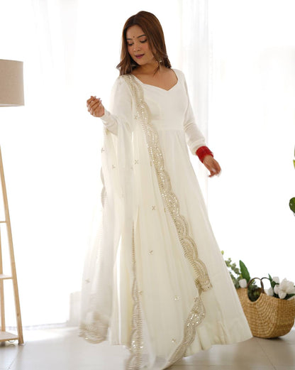 Plain Off white Anarkali with embroidered dupatta