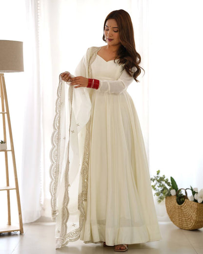 Plain Off white Anarkali with embroidered dupatta
