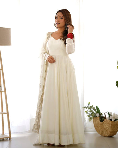 Plain Off white Anarkali with embroidered dupatta
