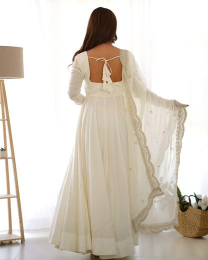 Plain Off white Anarkali with embroidered dupatta