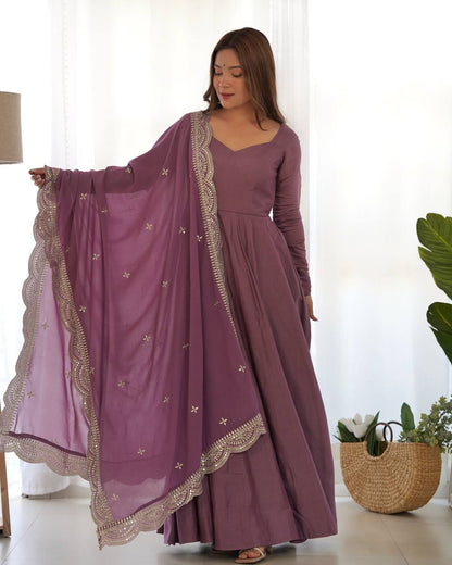 Plain mauve pink Anarkali with embroidered dupatta