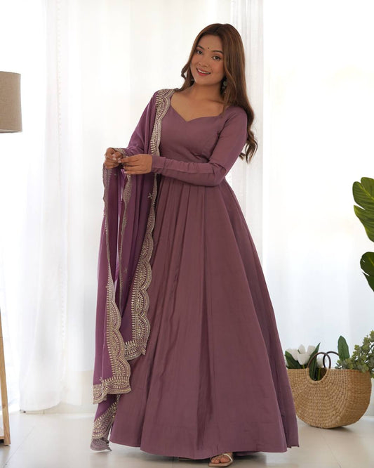 Plain mauve pink Anarkali with embroidered dupatta