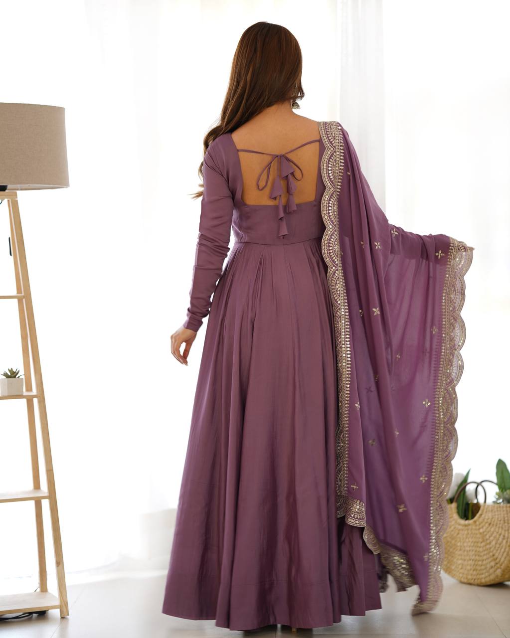 Plain mauve pink Anarkali with embroidered dupatta