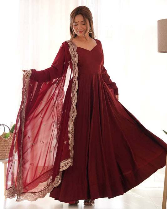 Maroon Plain Anarkali with embroidered dupatta