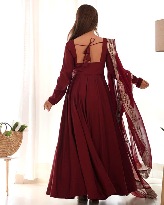 Maroon Plain Anarkali with embroidered dupatta