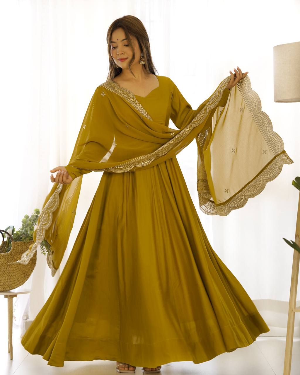 Mustard yellow Plain Anarkali with embroidered dupatta