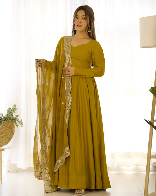 Mustard yellow Plain Anarkali with embroidered dupatta