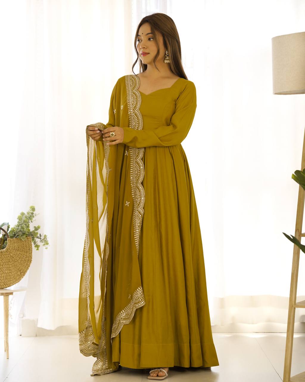 Mustard yellow Plain Anarkali with embroidered dupatta