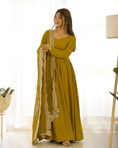 Mustard yellow Plain Anarkali with embroidered dupatta