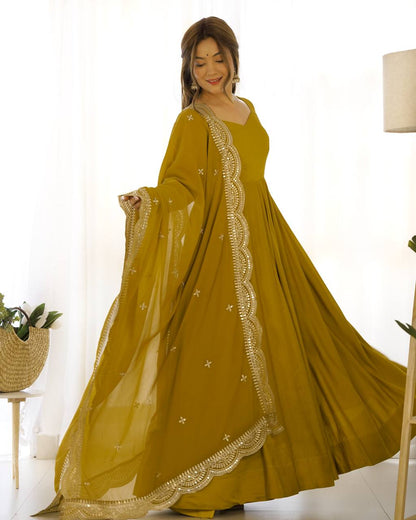 Mustard yellow Plain Anarkali with embroidered dupatta