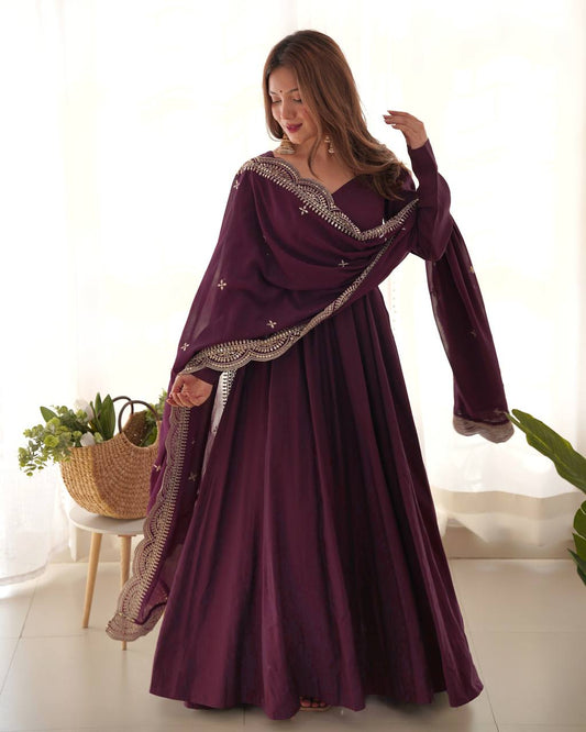 Wine Plain Anarkali with embroidered dupatta