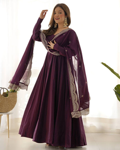 Wine Plain Anarkali with embroidered dupatta