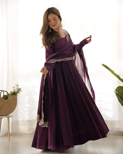 Wine Plain Anarkali with embroidered dupatta
