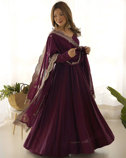 Wine Plain Anarkali with embroidered dupatta