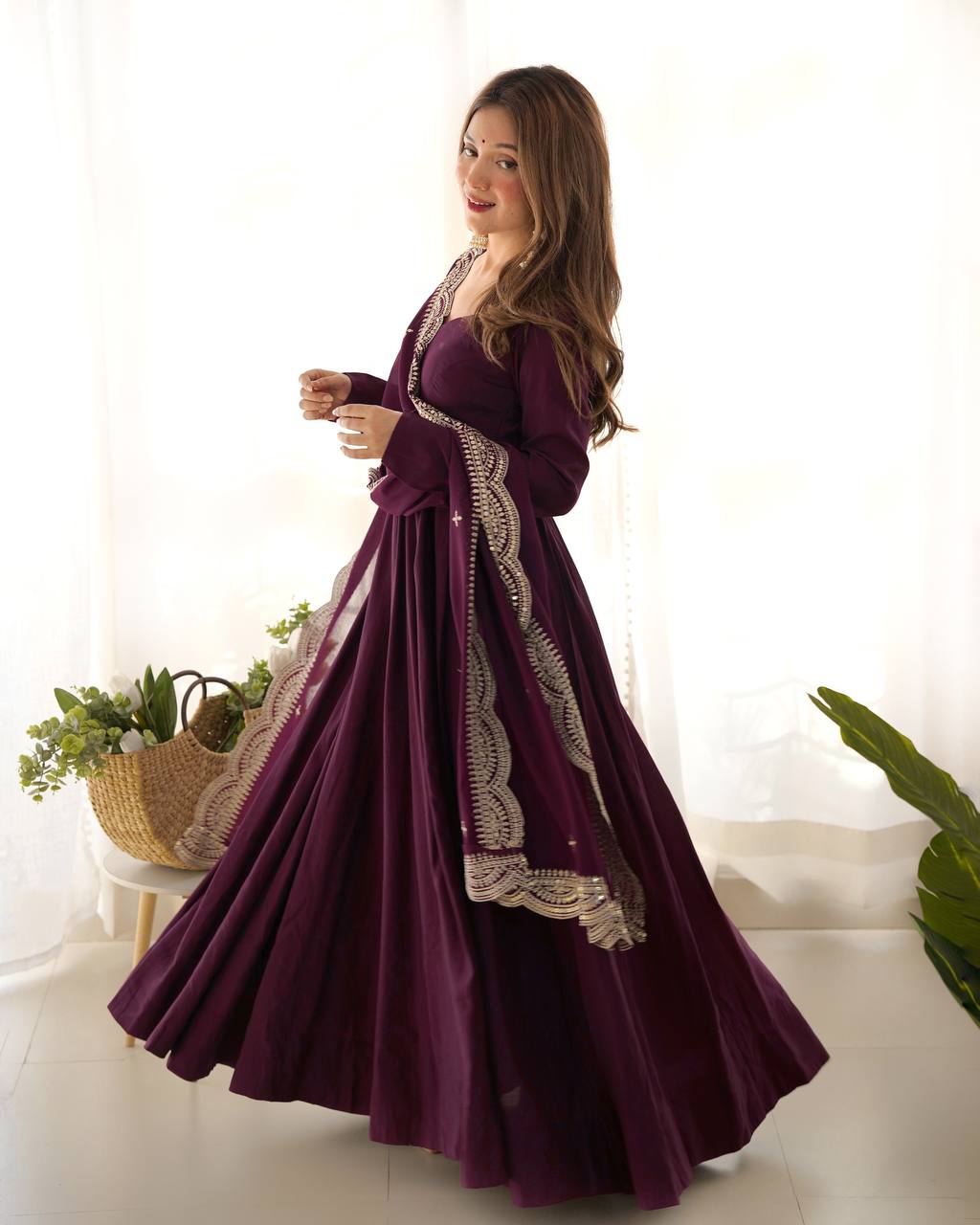Wine Plain Anarkali with embroidered dupatta