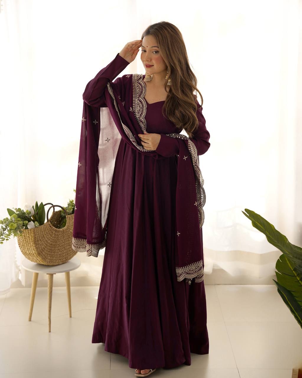 Wine Plain Anarkali with embroidered dupatta