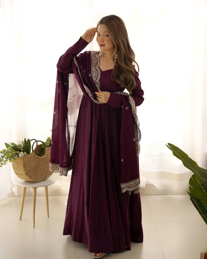 Wine Plain Anarkali with embroidered dupatta
