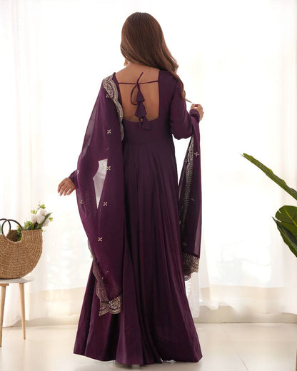 Wine Plain Anarkali with embroidered dupatta