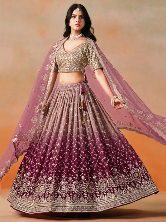 Wine Zari Georgette Embroidered Lehenga Choli with Net Dupatta