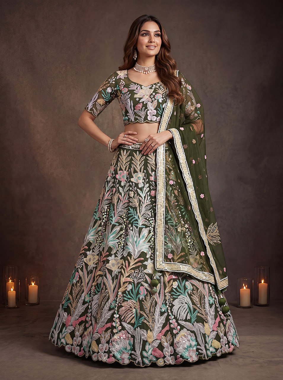 Olive Green Enchanted Garden Floral Embroidered Lehenga Choli