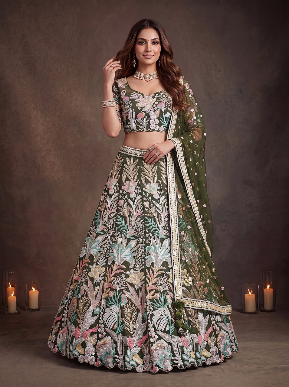 Olive Green Enchanted Garden Floral Embroidered Lehenga Choli