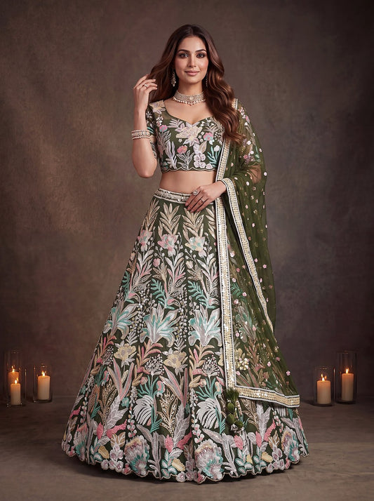 Olive Green Enchanted Garden Floral Embroidered Lehenga Choli