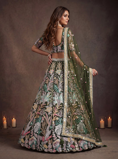 Olive Green Enchanted Garden Floral Embroidered Lehenga Choli