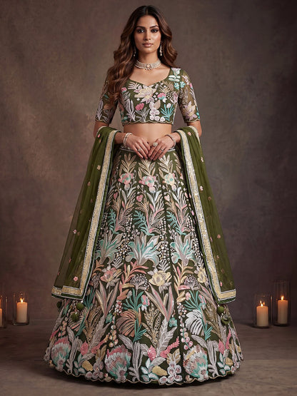 Olive Green Enchanted Garden Floral Embroidered Lehenga Choli
