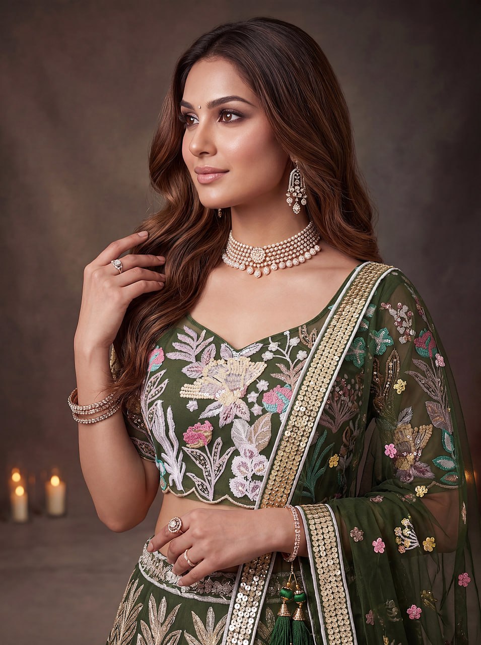 Olive Green Enchanted Garden Floral Embroidered Lehenga Choli