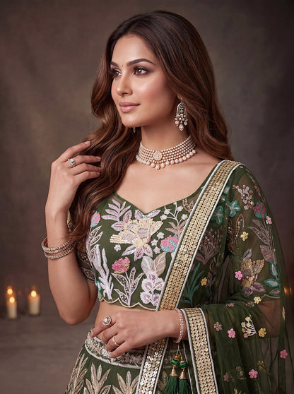 Olive Green Enchanted Garden Floral Embroidered Lehenga Choli