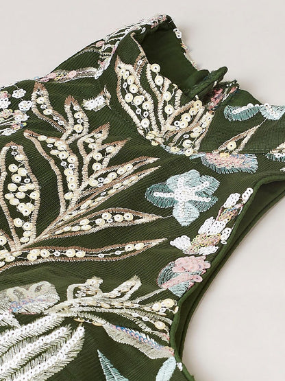 Olive Green Enchanted Garden Floral Embroidered Lehenga Choli