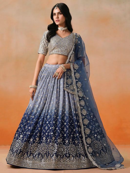 Navy Blue Zari Georgette Embroidered Lehenga Choli with Net Dupatta