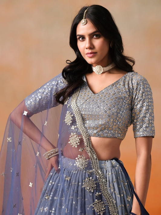 Navy Blue Zari Georgette Embroidered Lehenga Choli with Net Dupatta