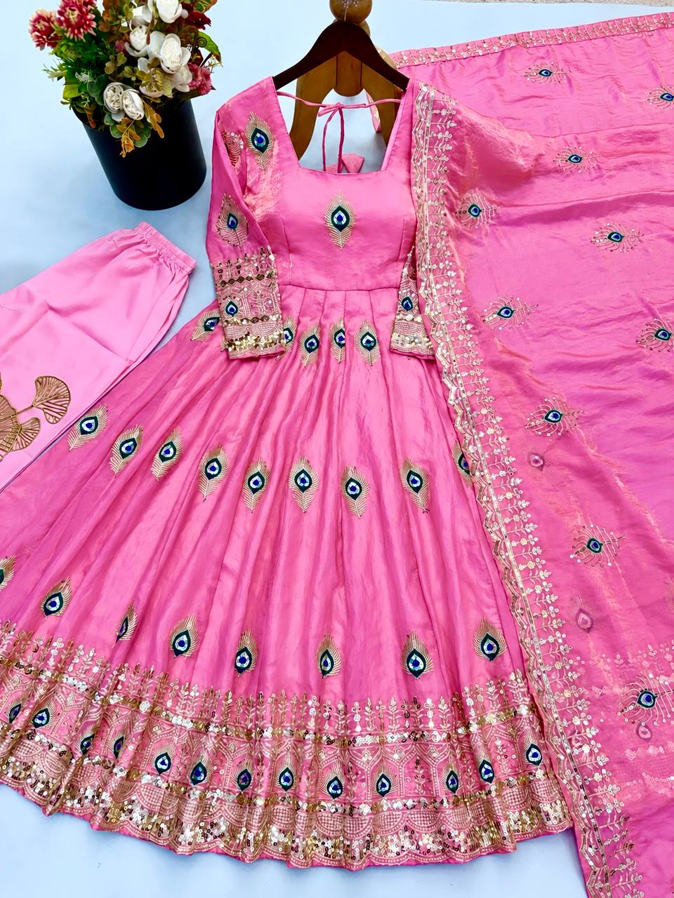 White Anarkali Gown with Peacock Feather Embroidery & Golden Lace Dupatta