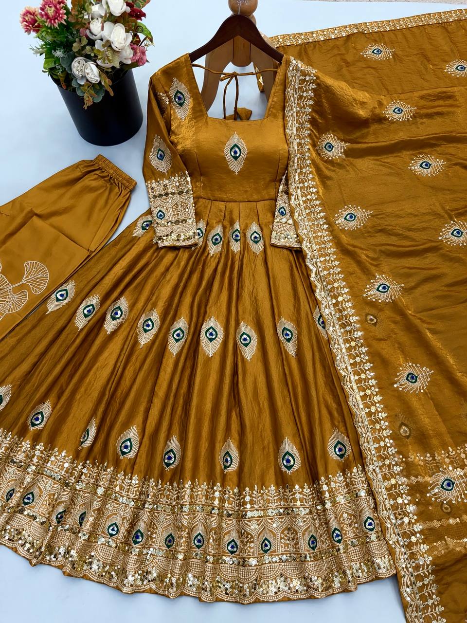 White Anarkali Gown with Peacock Feather Embroidery & Golden Lace Dupatta