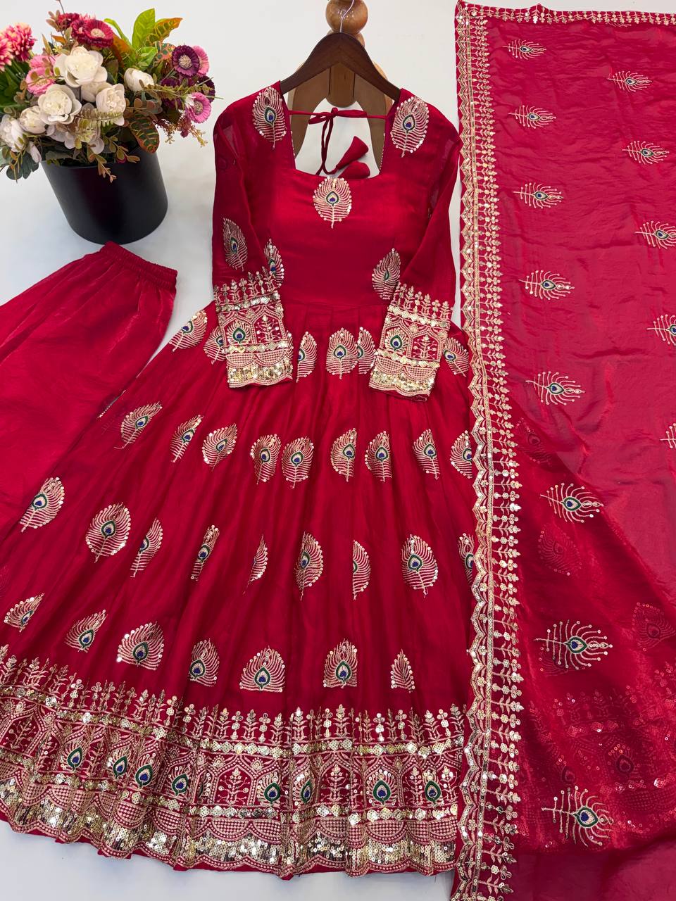 White Anarkali Gown with Peacock Feather Embroidery & Golden Lace Dupatta